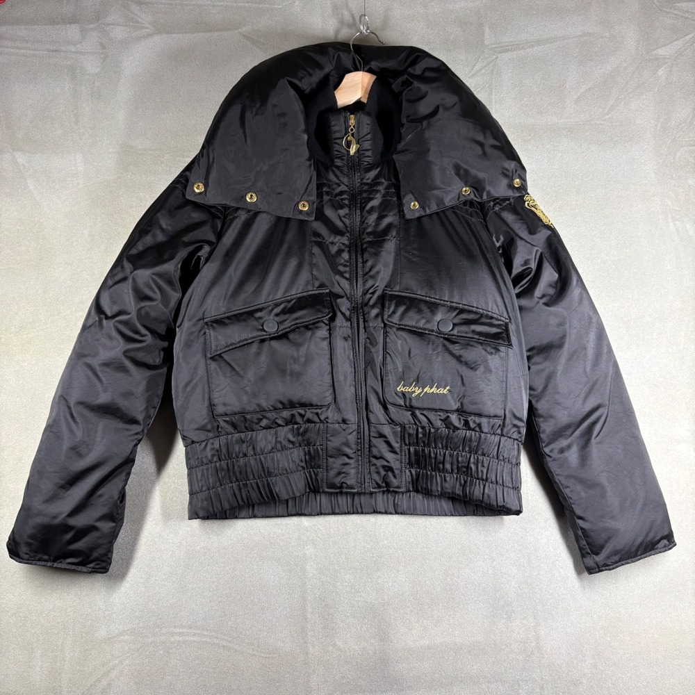 Vintage Baby Phat Y2K Black Satin Down Puffer Jacket Oversized Collar Medium